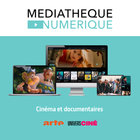 Logo de la Médiathèque numérique en haut, différents outils numériques affichant son portail au milieu et les mentions Cinéma et documentaires / Arte UniversCiné en bas.