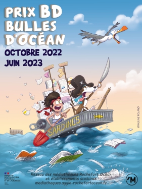 Affiche du prix BD Bulles d'Océan 2022-23 : un enfant et un chien pirates sur la mer dans une boîte de sardines géante poursuivant une mouette appeurée avec en fond le fort Boyard.