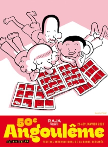Affiche officielle du festival d'Angoulème 2023 par Riad Sattouf. (3 enfants allongés par terre lisent la même BD)