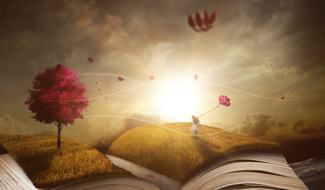 Livre ouvert d'où sort un paysage de prairie avec un arbre rouge. La scène se passe au soleil couchant, le vent souffle fort et une petite fille tient fermement des ballons rouges.