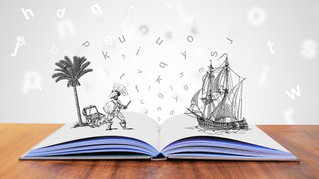 Livre ouvert d'où sort des lettres de l'alphabet et les dessins d'un bateau à voile et d'un coffre au trésor protégé par un pirate squelette
