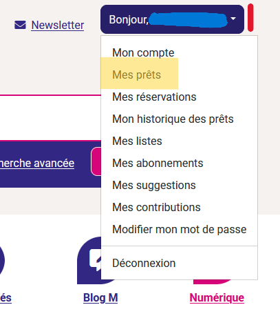 capture d'écran montrant le ménu déroulant du compte lecteur et où cliquer pour accéder à ses prêts