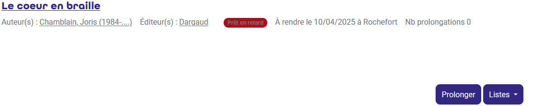 Capture d'écran d'un livre en retard dans la liste des prêts sur un compte lecteur