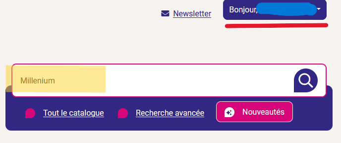 Capture d'écran montrant le menu de Recherche avec une recherche sur Millenium 