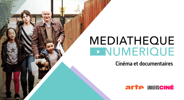 Photographie d'une famille avec sur le coté droit le logo de la Médiathèque numérique et les mentions Cinéma et documentaires / Arte UniversCiné en dessous.