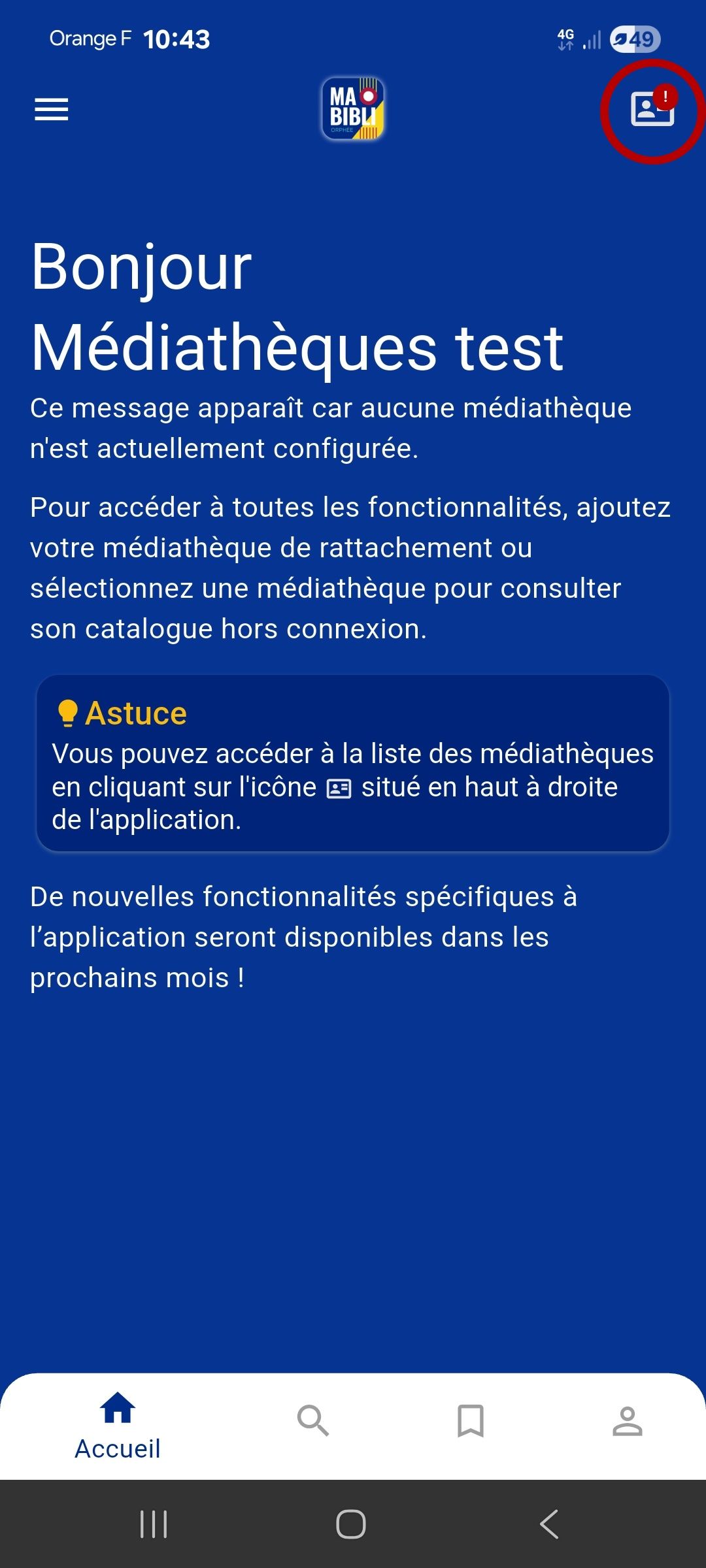 Page d'accueil de l'application MaBibli sur mobile.