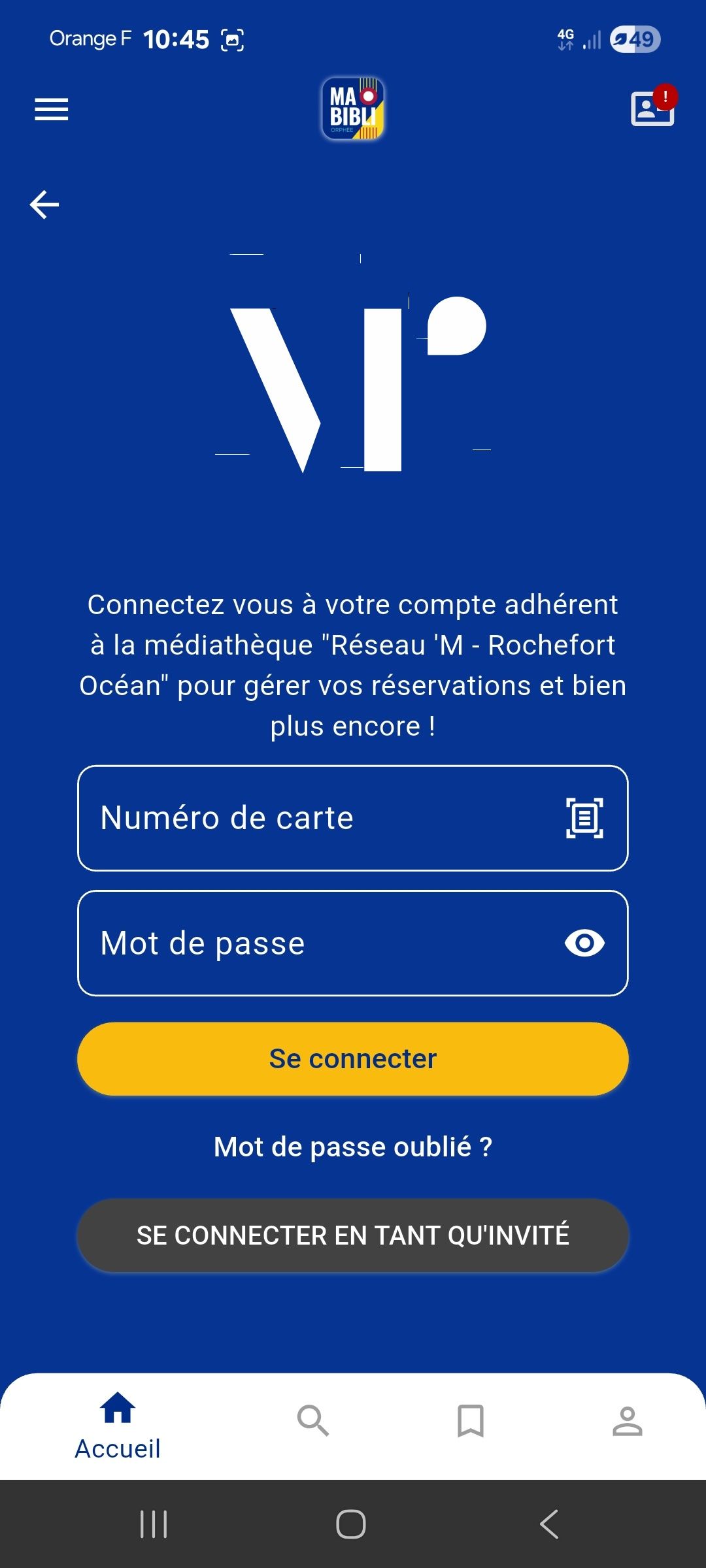 Page de connexion au compte lecteur des médiathèques M' dans l'application MaBibli sur mobile.