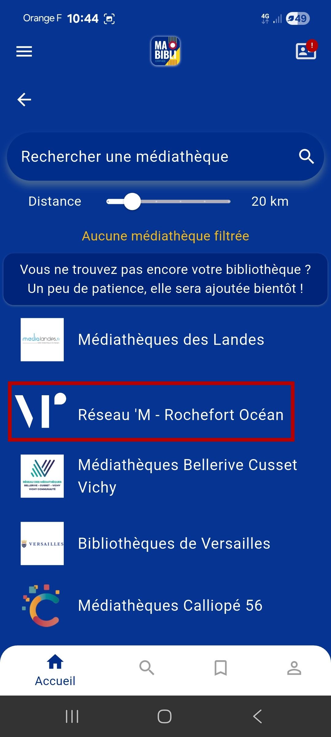 Page de choix de la médiathèque dans l'application MaBibli sur mobile.
