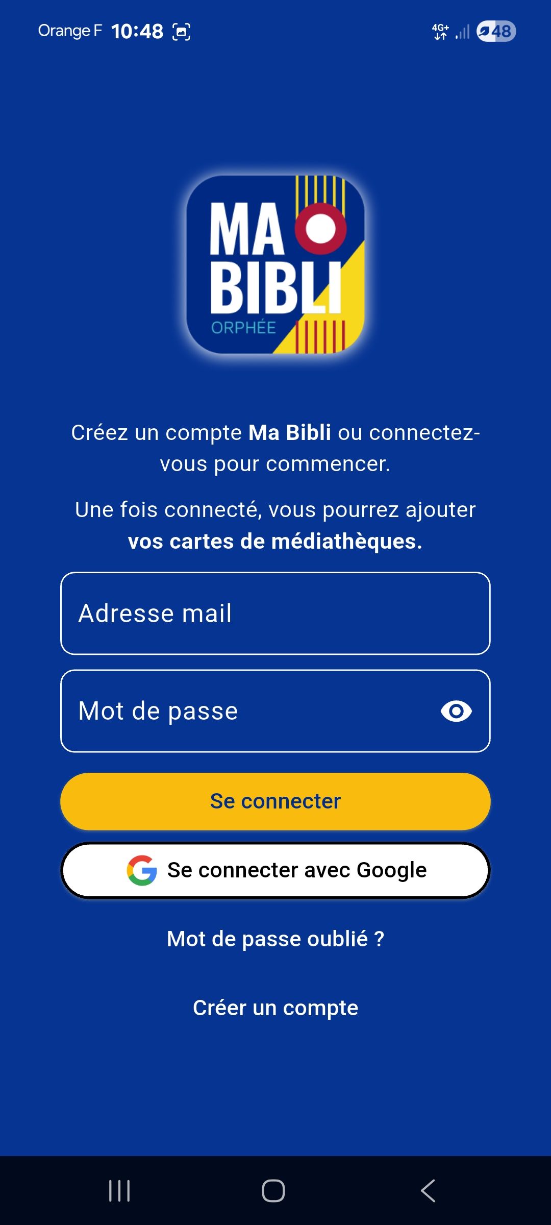 Page de connexion de l'application MaBibli sur mobile.