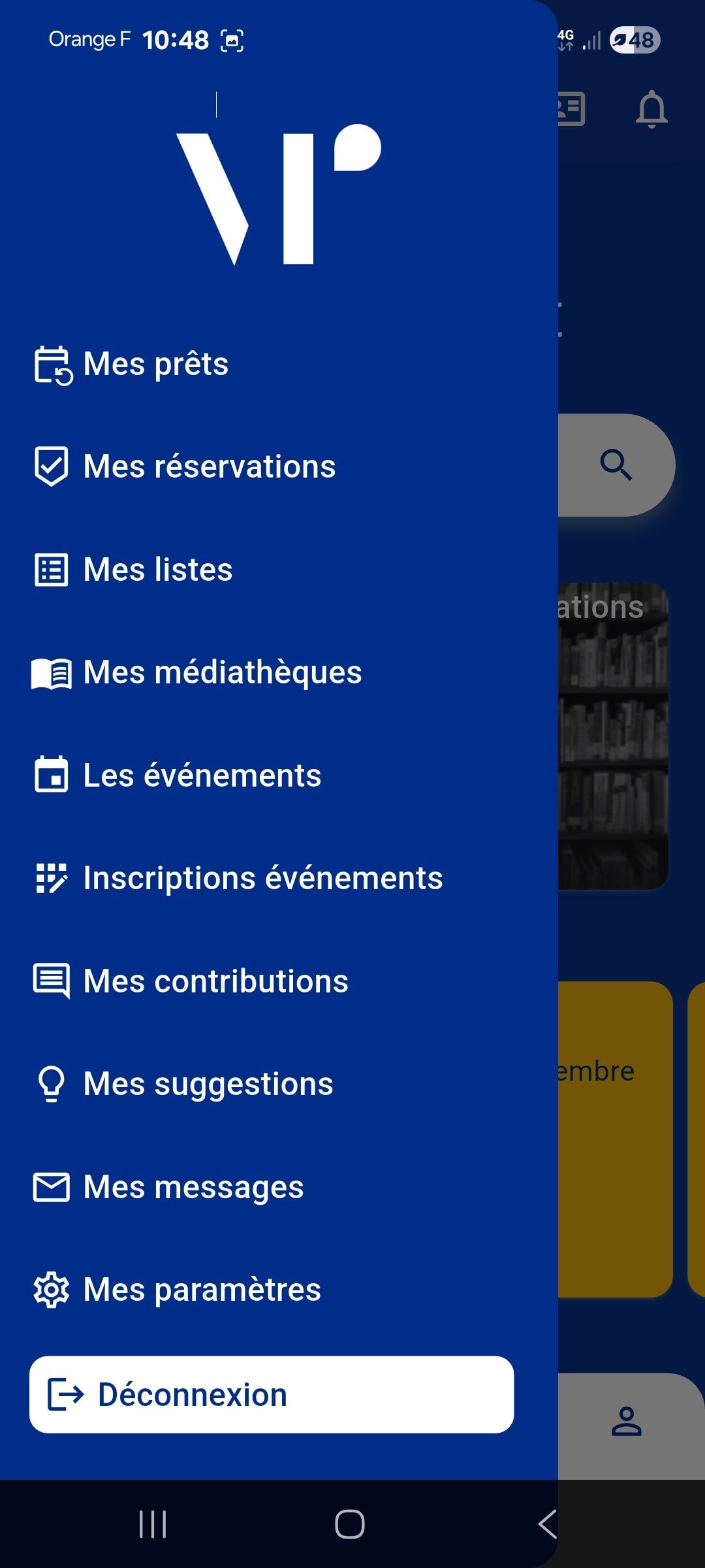 Menu de l'application MaBibli sur mobile.