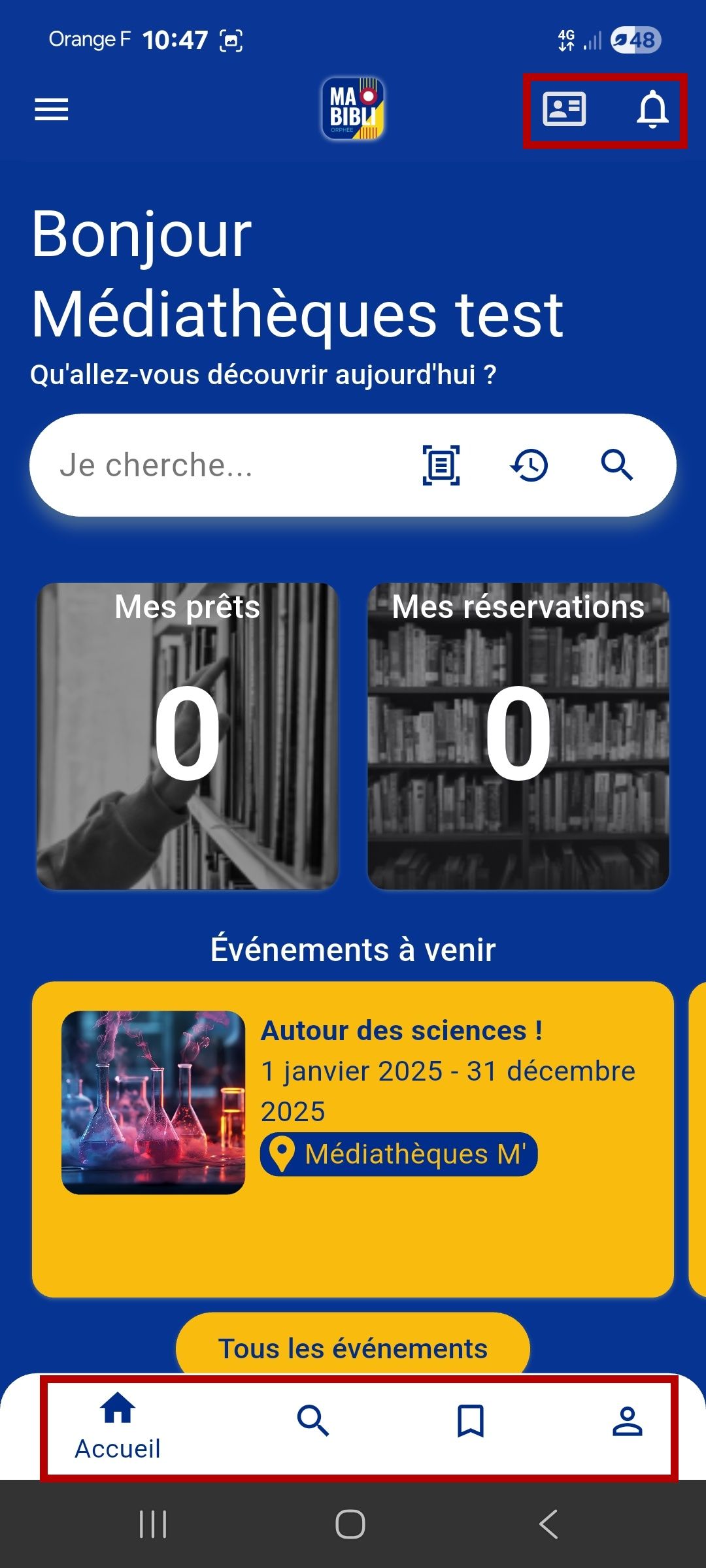Page d'accueil de l'application MaBibli sur mobile.