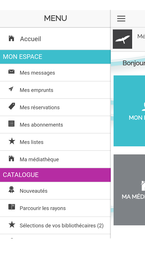 Capture d'écran du menu de l'application MaBibli sur mobile