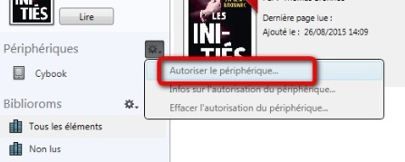Capture d'écran situant "Autoriser le périphérique" dans le menu déroulant du champ "Périphériques" d'Adobe Digital Editions.