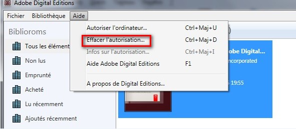 Capture d'écran situant "Effacer l'autorisation" dans le menu "Aide" d'Adobe Digital Editions.
