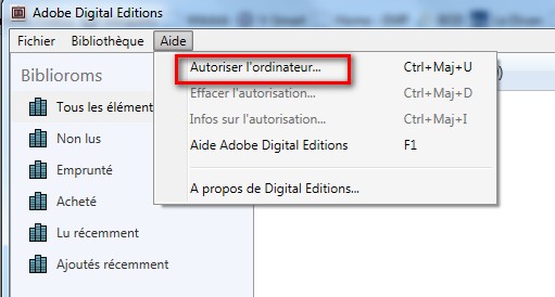 Capture d'écran situant "Autoriser l'ordinateur" dans le menu "Aide" d'Adobe Digital Editions.