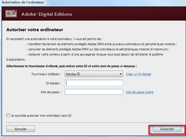 Capture d'écran situant le bouton "Autoriser" sur la page "Autoriser votre l'ordinateur" d'Adobe Digital Editions.