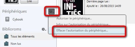 Capture d'écran situant "Effacez l’autorisation du périphérique" dans le menu déroulant du champ "Périphériques" d'Adobe Digital Editions.
