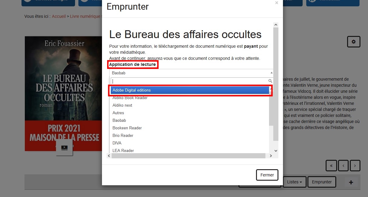 Capture d'écran montrant comment choisir l'application de lecture Adobe Digital Éditions via le menu déroulant